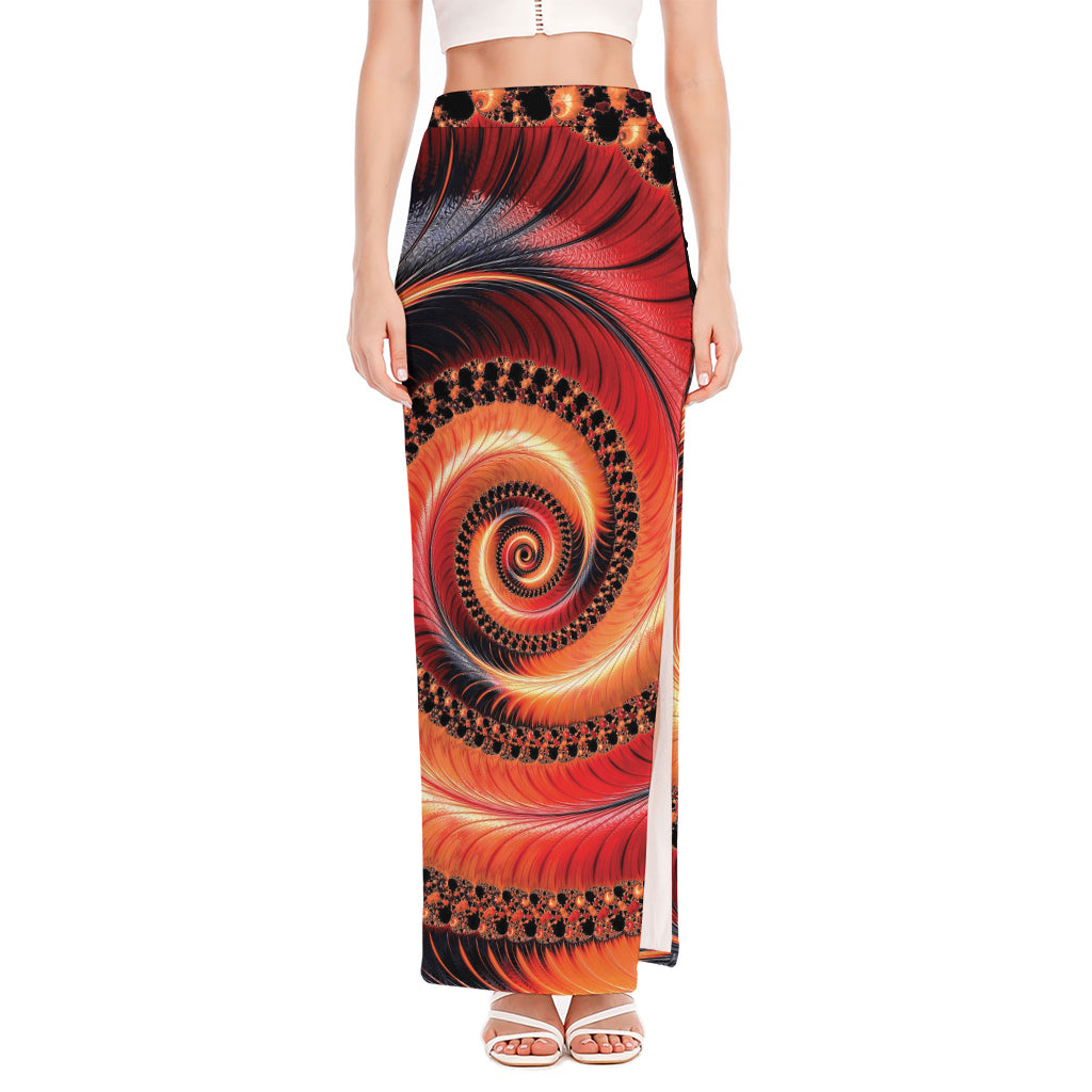 Orange Fractal Print High Slit Maxi Skirt
