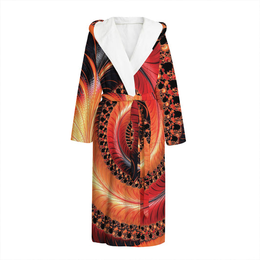 Orange Fractal Print Hooded Bathrobe