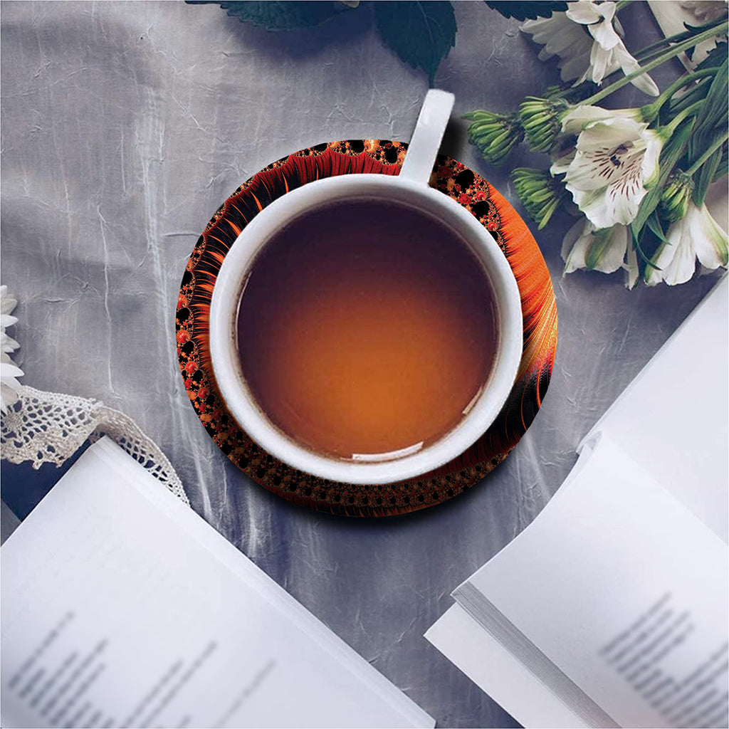 Orange Fractal Print Leather Coaster Set