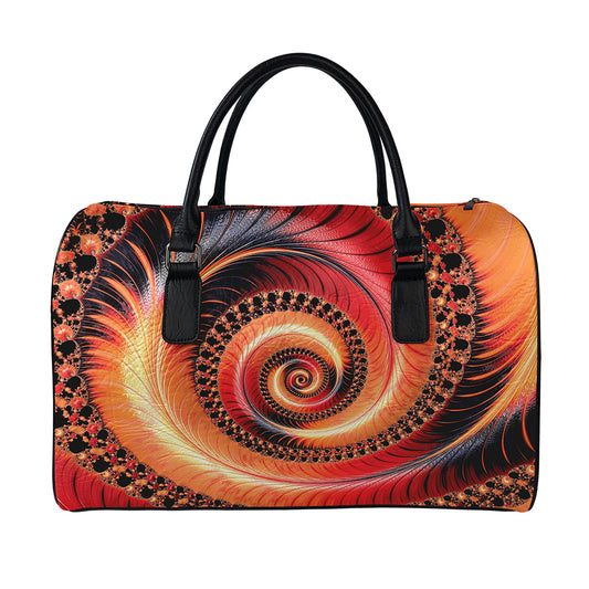 Orange Fractal Print Leather Duffle Bag