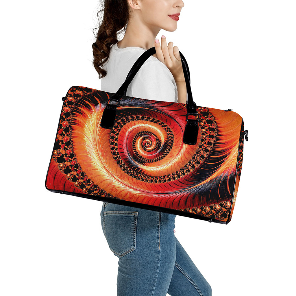 Orange Fractal Print Leather Duffle Bag