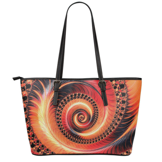 Orange Fractal Print Leather Tote Bag