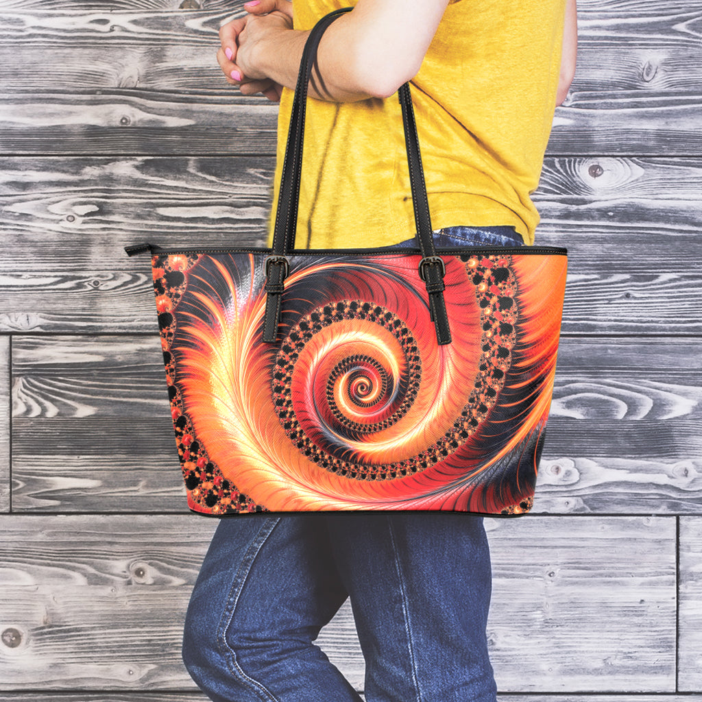 Orange Fractal Print Leather Tote Bag