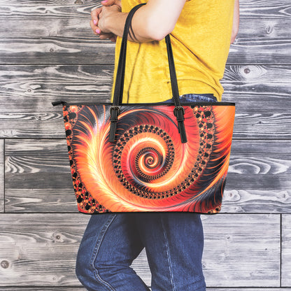 Orange Fractal Print Leather Tote Bag