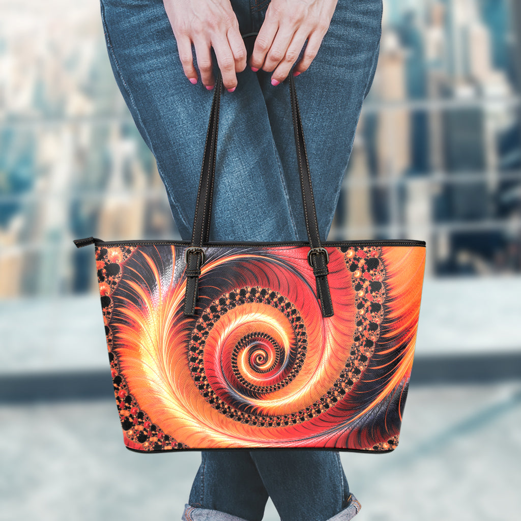 Orange Fractal Print Leather Tote Bag
