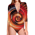 Orange Fractal Print Long Sleeve Swimsuit