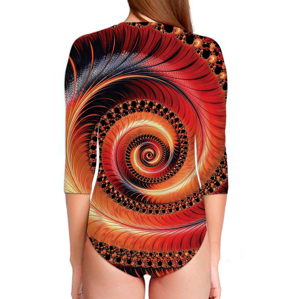 Orange Fractal Print Long Sleeve Swimsuit