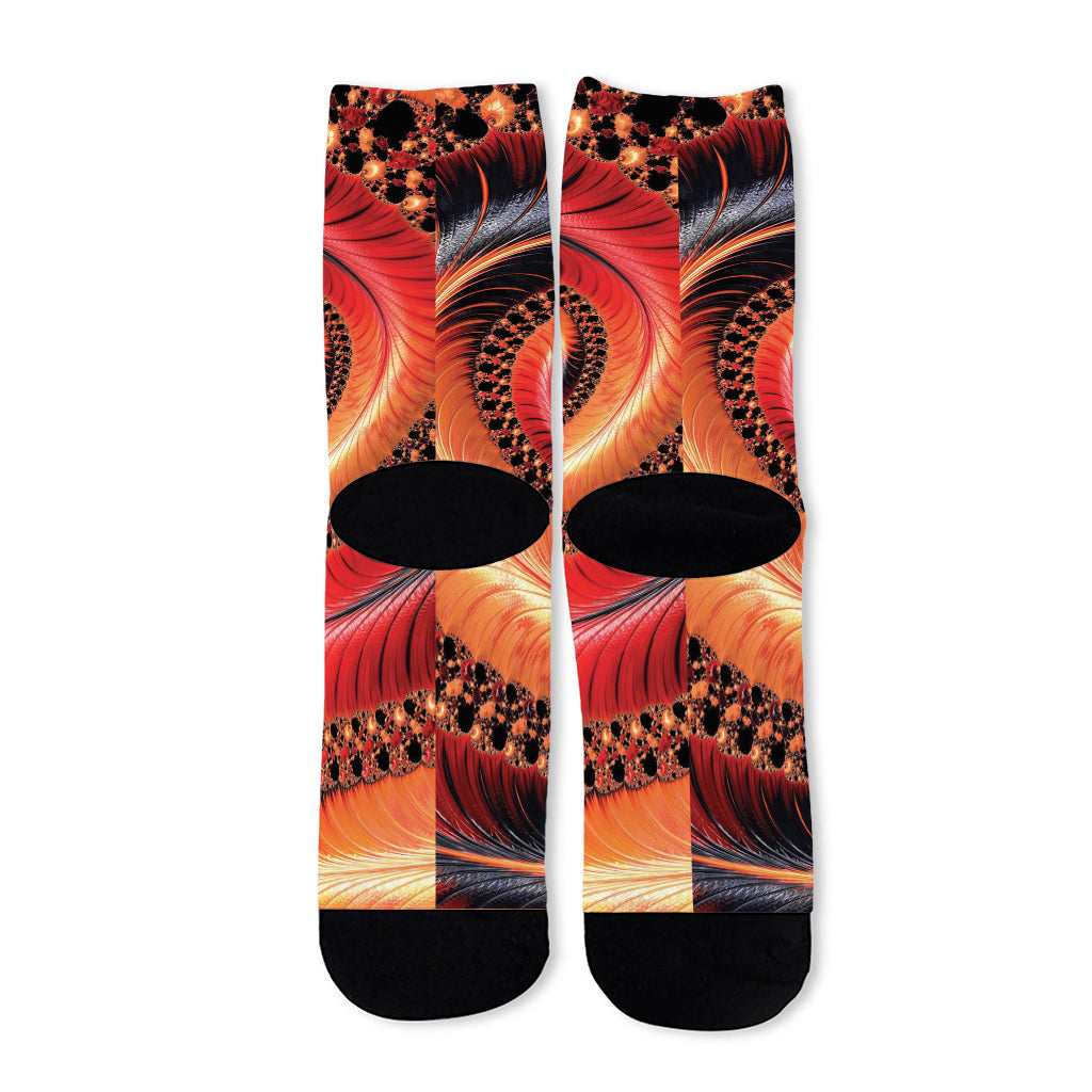Orange Fractal Print Long Socks