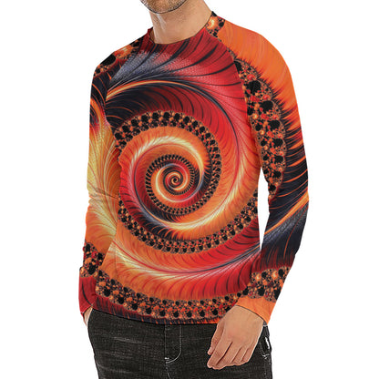 Orange Fractal Print Men's Long Sleeve Rash Guard
