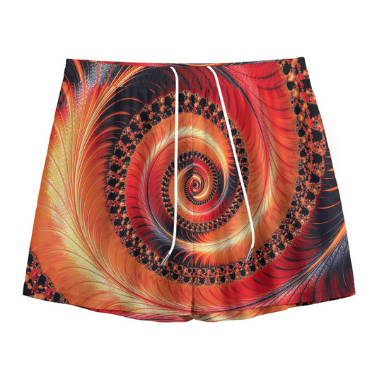 Orange Fractal Print Mesh Shorts