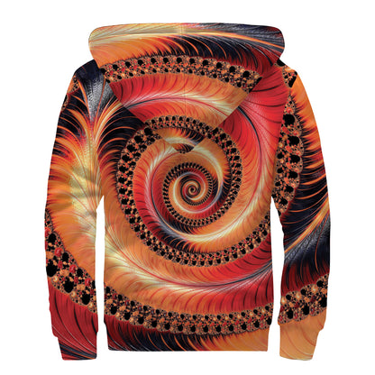Orange Fractal Print Sherpa Lined Zip Up Hoodie