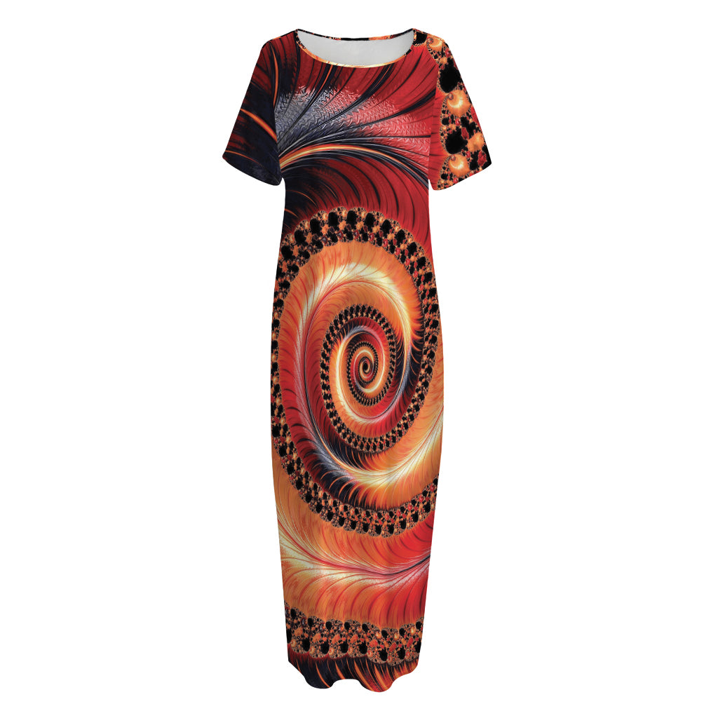 Orange Fractal Print Short Sleeve Long Nightdress