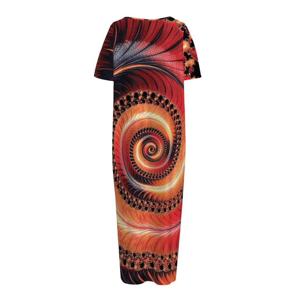 Orange Fractal Print Short Sleeve Long Nightdress
