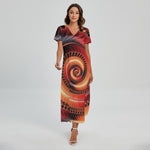Orange Fractal Print Short Sleeve Maxi Dress