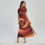 Orange Fractal Print Short Sleeve Maxi Dress