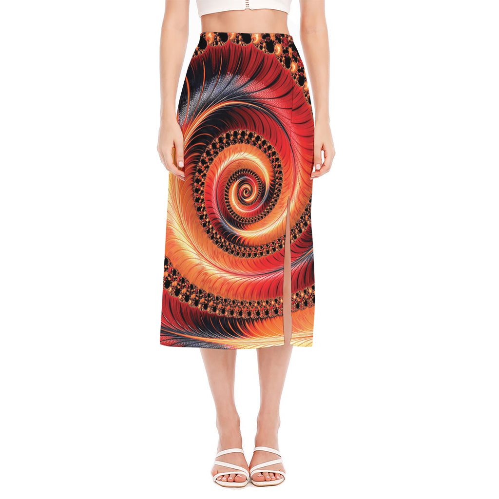 Orange Fractal Print Side Slit Midi Skirt