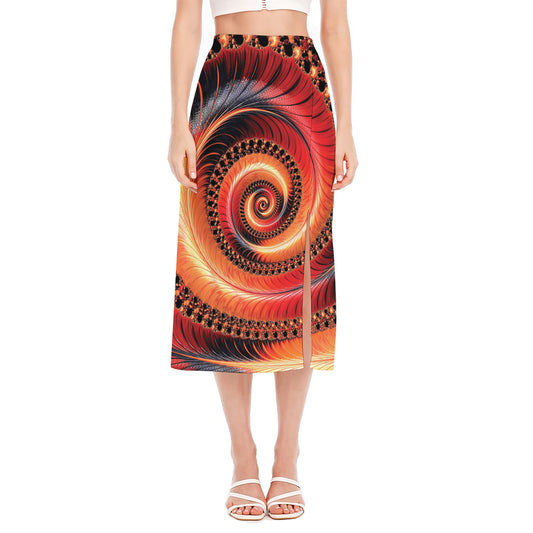 Orange Fractal Print Side Slit Midi Skirt