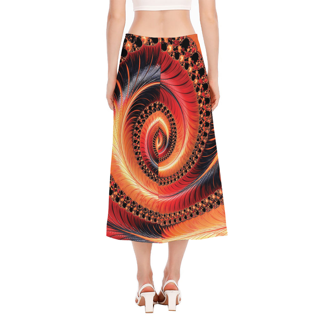 Orange Fractal Print Side Slit Midi Skirt