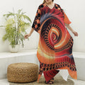 Orange Fractal Print Silk V-Neck Kaftan Dress