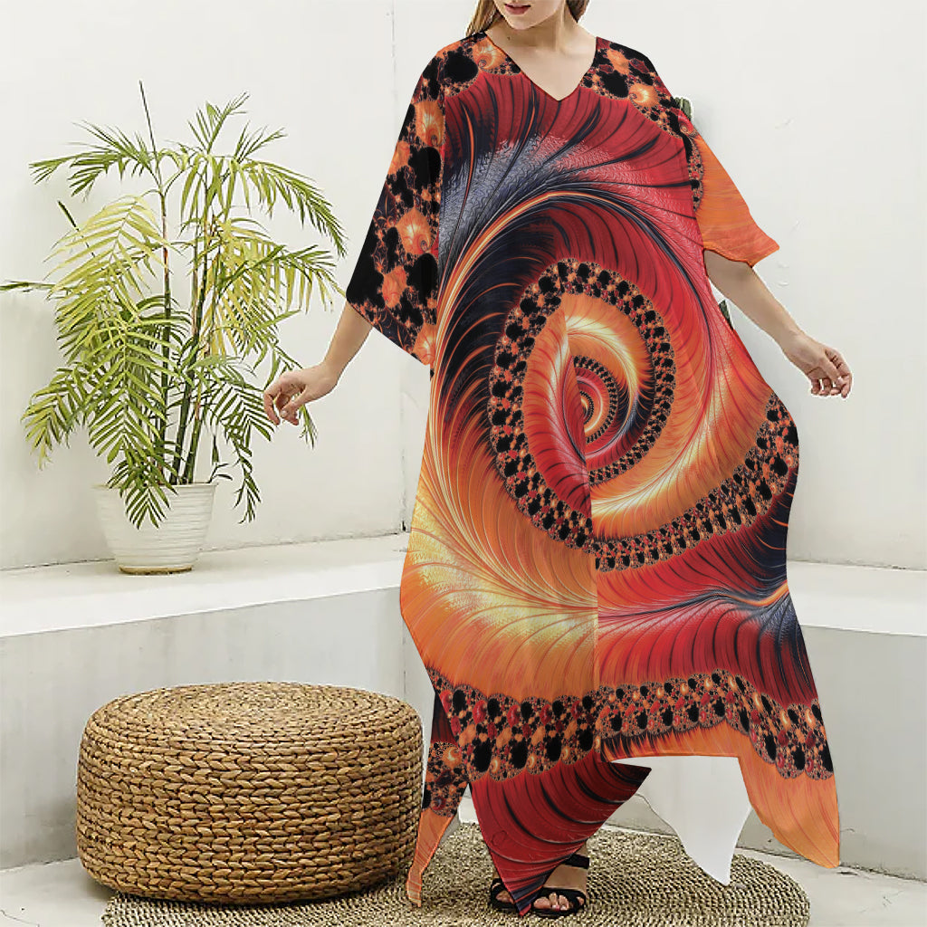 Orange Fractal Print Silk V-Neck Kaftan Dress