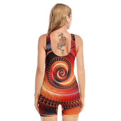 Orange Fractal Print Sleeveless One Piece Swimsuit