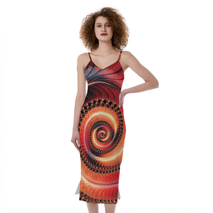 Orange Fractal Print Slim Fit Midi Cami Dress