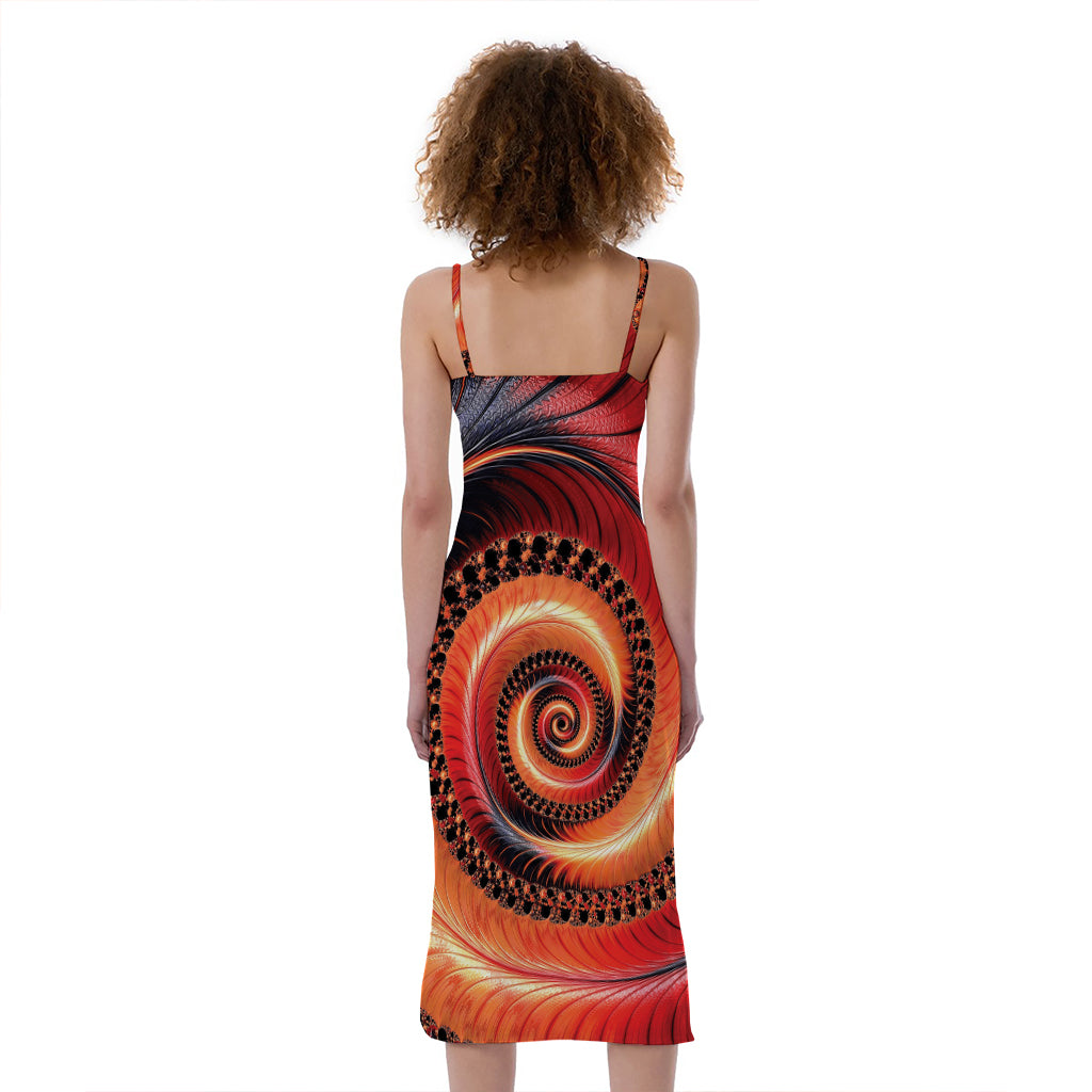 Orange Fractal Print Slim Fit Midi Cami Dress