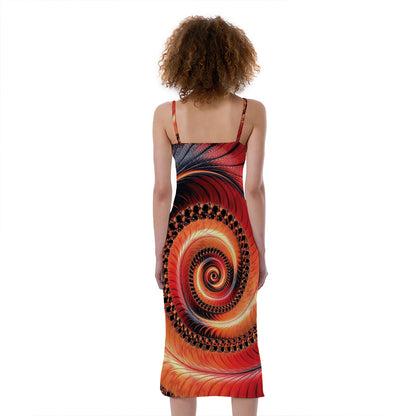 Orange Fractal Print Slim Fit Midi Cami Dress