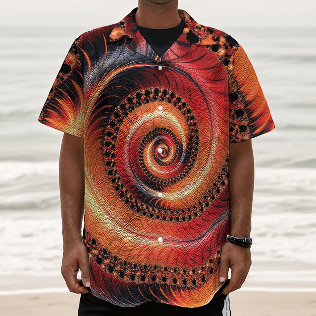 Orange Fractal Print Textured Short Sleeve Shirt