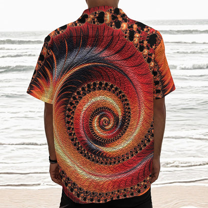 Orange Fractal Print Textured Short Sleeve Shirt