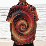 Orange Fractal Print Textured Short Sleeve Shirt