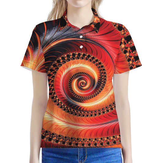 Orange Fractal Print Women's Polo Shirt