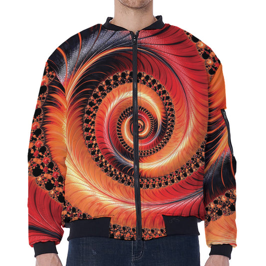 Orange Fractal Print Zip Sleeve Bomber Jacket