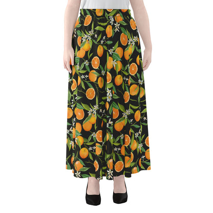 Orange Fruit Pattern Print Chiffon Maxi Skirt