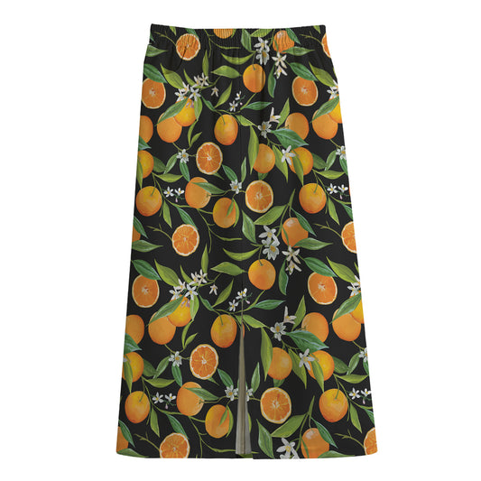 Orange Fruit Pattern Print Cotton Front Slit Maxi Skirt