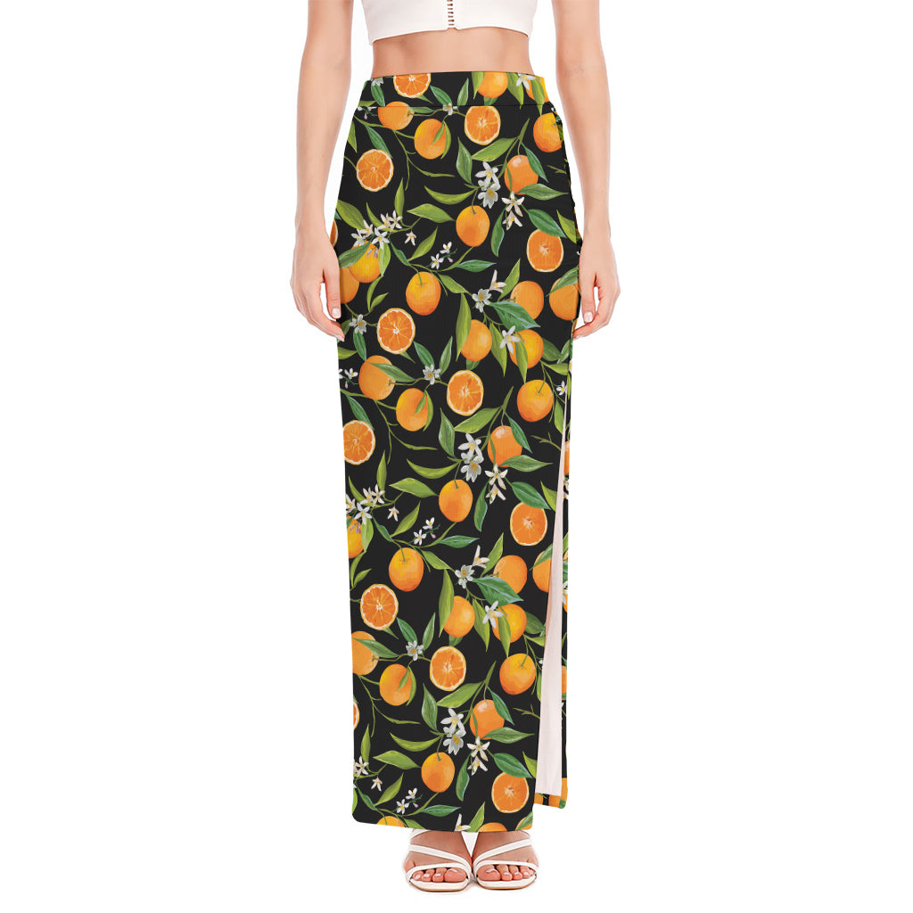 Orange Fruit Pattern Print High Slit Maxi Skirt