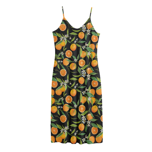 Orange Fruit Pattern Print Jersey Midi Cami Dress