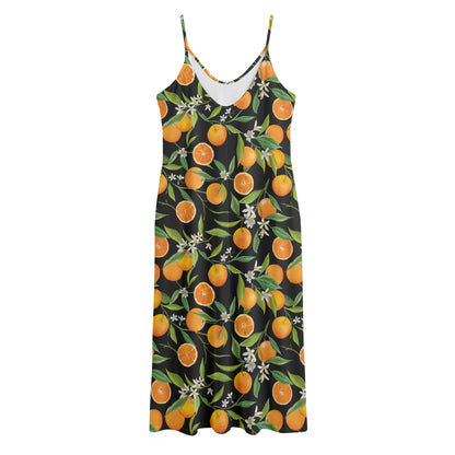 Orange Fruit Pattern Print Jersey Midi Cami Dress