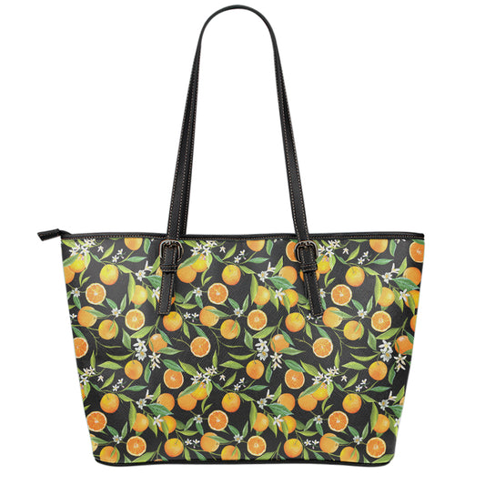 Orange Fruit Pattern Print Leather Tote Bag