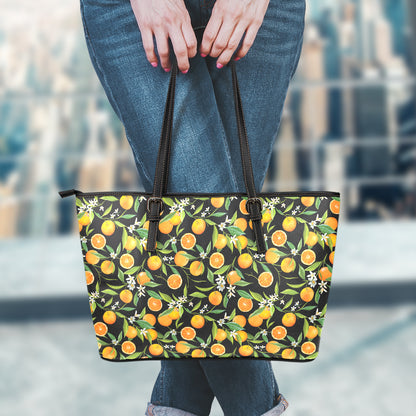 Orange Fruit Pattern Print Leather Tote Bag