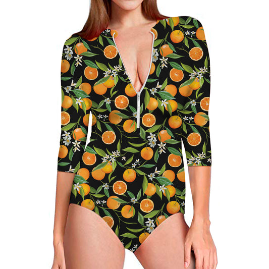 Orange Fruit Pattern Print Long Sleeve Swimsuit