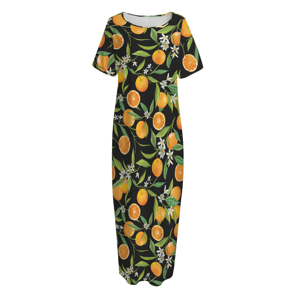 Orange Fruit Pattern Print Short Sleeve Long Nightdress