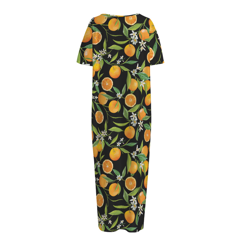 Orange Fruit Pattern Print Short Sleeve Long Nightdress