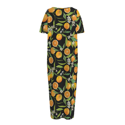 Orange Fruit Pattern Print Short Sleeve Long Nightdress
