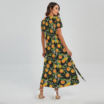 Orange Fruit Pattern Print Short Sleeve Maxi Dress