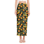 Orange Fruit Pattern Print Side Slit Maxi Skirt