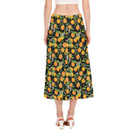 Orange Fruit Pattern Print Side Slit Midi Skirt