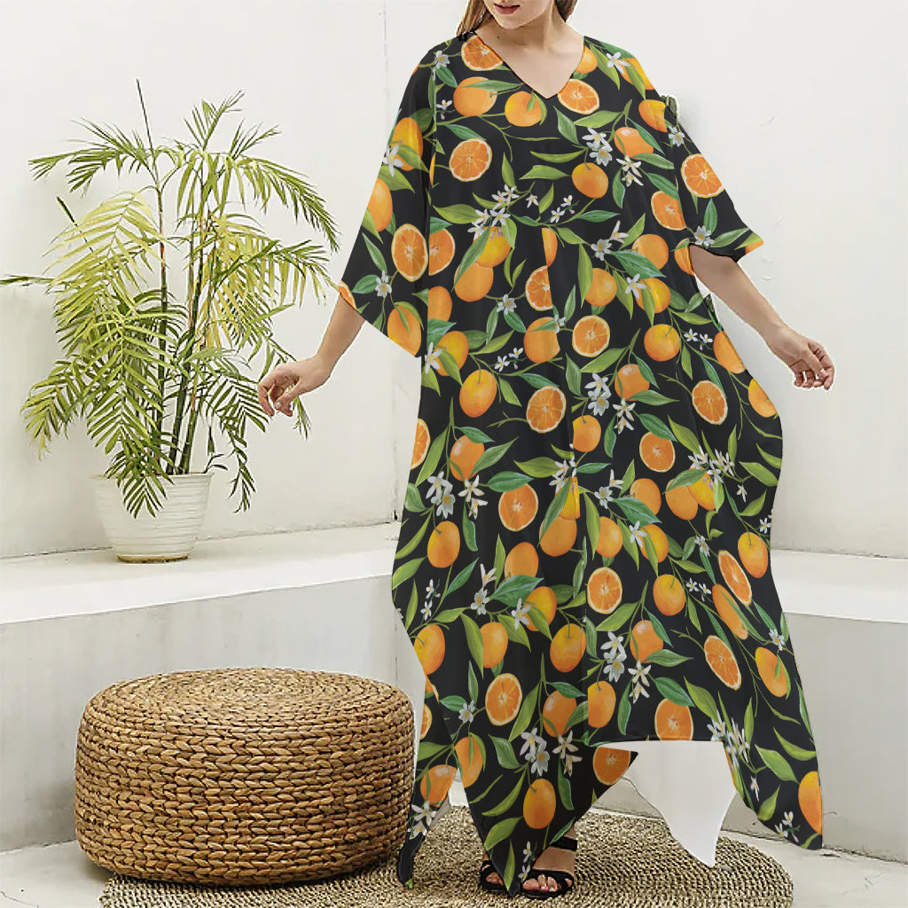Orange Fruit Pattern Print Silk V-Neck Kaftan Dress