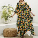 Orange Fruit Pattern Print Silk V-Neck Kaftan Dress