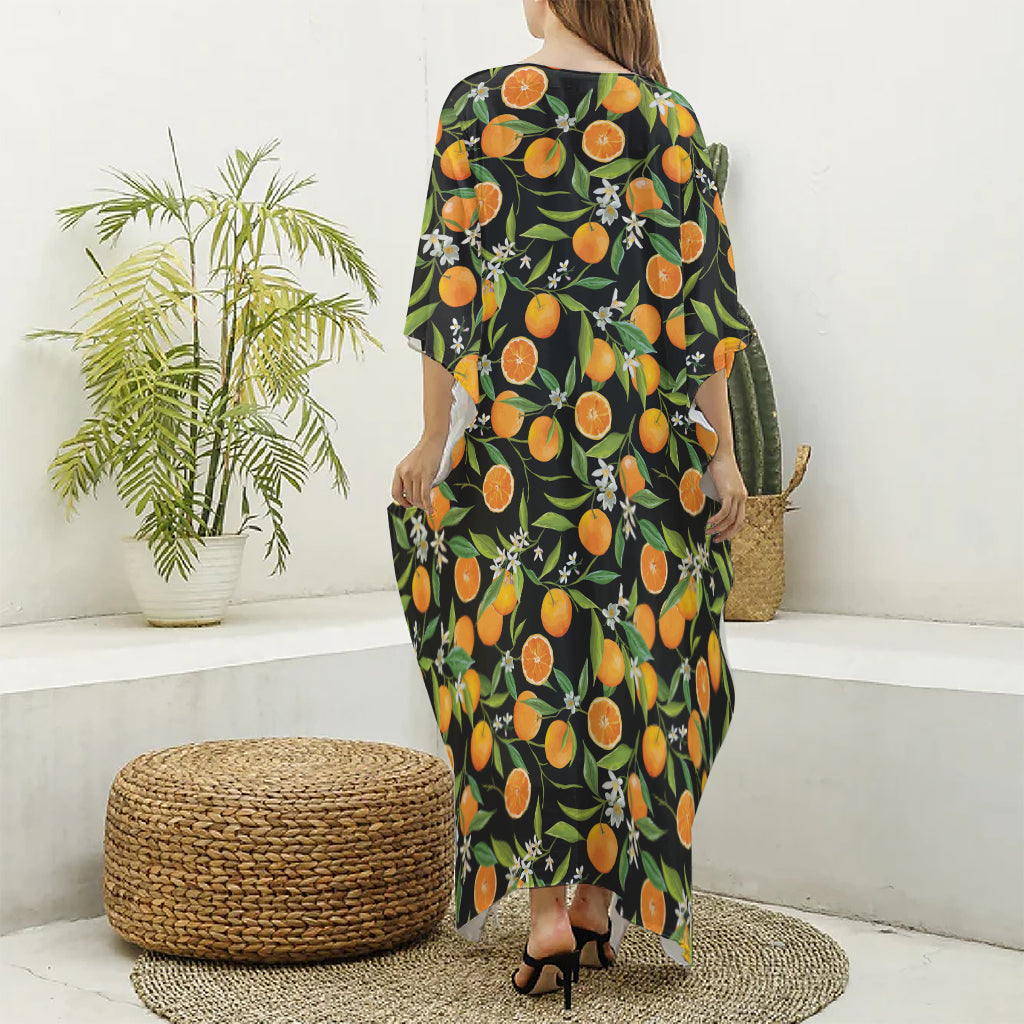 Orange Fruit Pattern Print Silk V-Neck Kaftan Dress